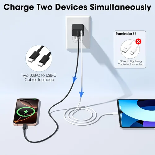 Vista 6 de Cargador para iPhone 17 16 15 de carga rápida, bloque de cargador de pared USB C de 20 W con cable de tipo C a C de 10 pies para Apple iPhone 17/17