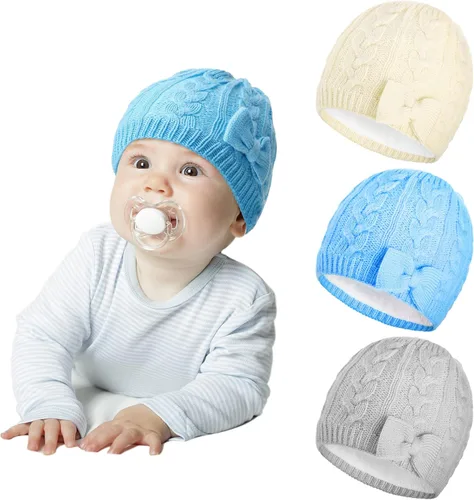 Vista 6 de 3 Pieces Fleece Lined Baby Beanie with Bow, Infant Newborn Toddler Kids Winter Warm Knit Cap for Boys Girls