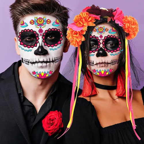 Vista 5 de KEPATO 2 diademas para el Día de los Muertos, corona de flores mexicanas con tatuaje facial para mujeres, Día de los Muertos