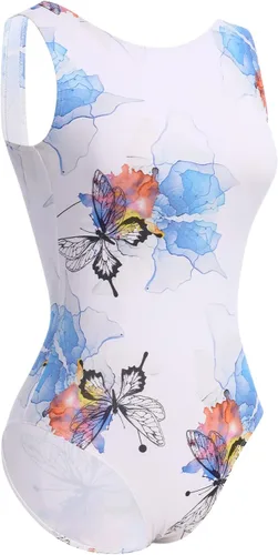 Vista 43 de AFAVOM Leotardos de ballet para mujeres adultas con estampado de flores de mariposa sin espalda, leotardos de gimnasia con brasier y prácticas