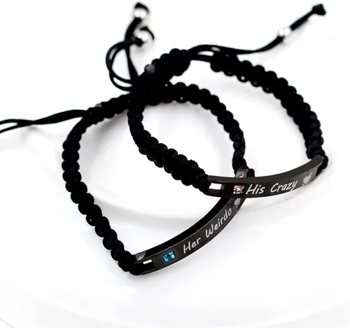 Vista 8 de Uloveido 1 par de pulseras trenzadas hechas a mano con grabado para parejas, parejas para él y ella, pulseras para hombres, mujeres, novio y novia