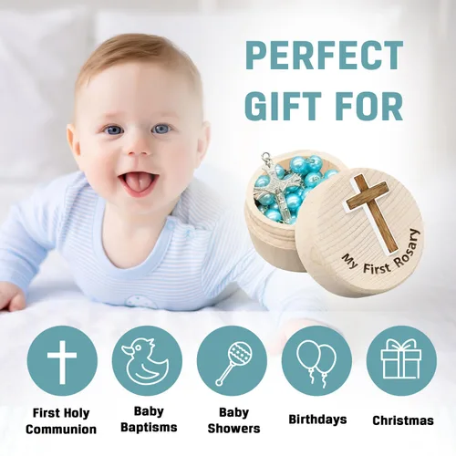 Vista 6 de Regalos de bautismo para baby shower para niños, mi primer rosario y caja de recuerdos, rosario católico regalo para niño, rosario de la primera