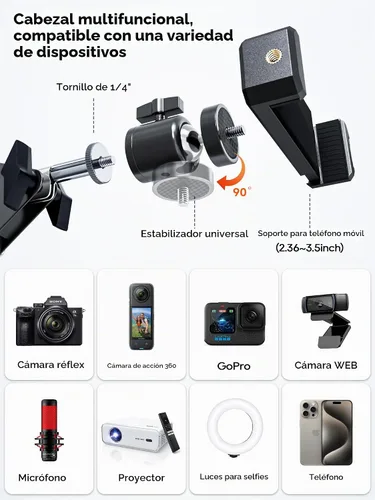 Vista 7 de Soporte de cámara superior, soporte de cámara de escritorio con brazo articulado, capacidad de carga de 5 libras, soporte ajustable de 360°
