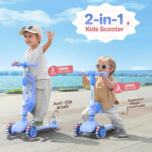Vista 6 de TONBUX Kids Scooter with Seat, 3 Wheels Scooter with PU Luminous Wheels, Non-Slip Handle and Wide Deck, Sensitive Brakes, 4-Level Adjustable Height