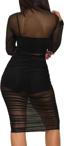 Vista 2 de LYANER Vestido de malla para mujer manga larga ajustado 3 piezas con pantalones cortos