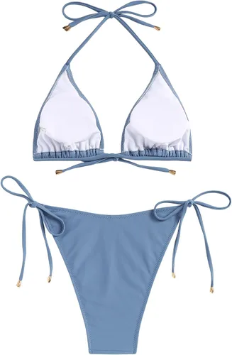 Vista 5 de ZAFUL Conjunto de bikini triangular para mujer, traje de baño de dos piezas de corte alto, traje de baño halter con lazo frontal, tanga