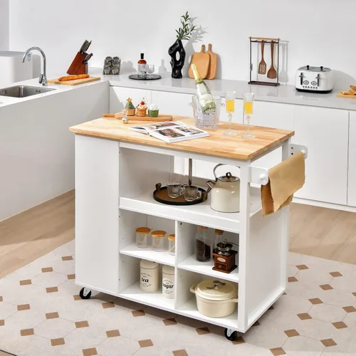 Vista 2 de Giantex Carrito de isla de cocina con ruedas, mesa de isla rodante con parte superior de madera de caucho, cajón, estante para especias de 3
