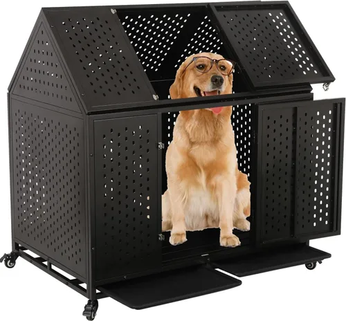 Vista 8 de Jaula para perros resistente de 44 pulgadas con 4 ruedas, perrera indestructible a prueba de escapes con cerraduras de refuerzo y puerta doble