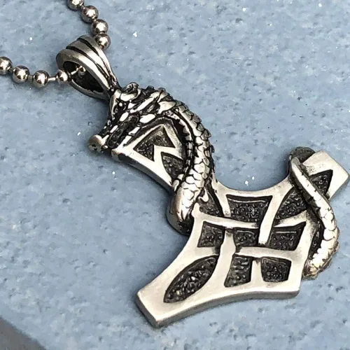 Vista 6 de OhDeal4U Mjölnir Celtic Norse Viking Jewelry Dragon Thor's Hammer Mjolnir Serpent Odin Asgard Thor Asatru Protection Amulet Pewter - Colgante
