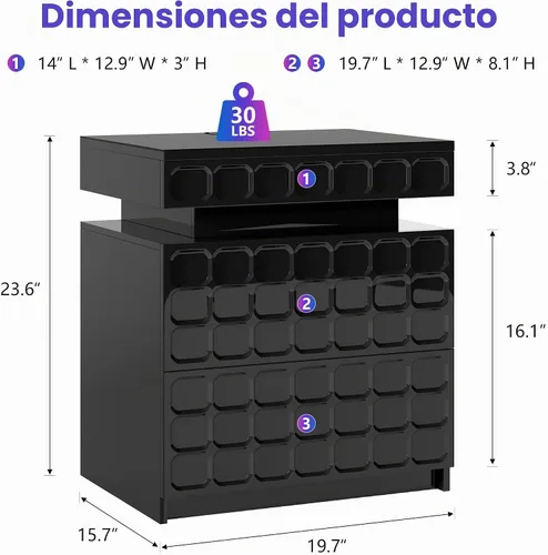 Vista 2 de Vlsrka Mesita de noche con luces RGB, soporte de noche inteligente con Negro