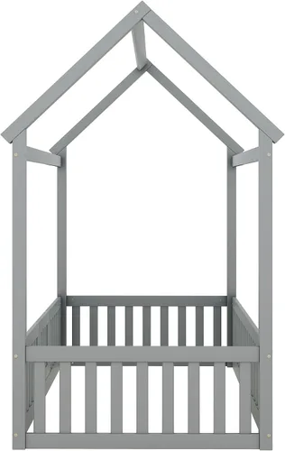 Vista 7 de Bellemave Cama Montessori de tamaño individual para niños, camas de piso de madera con barandillas de valla y puerta, cama individual para niños