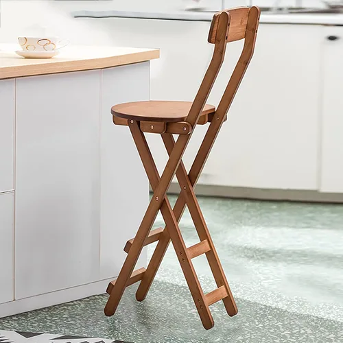 Vista 9 de Taburete plegable de bambú natural, silla de madera plegable portátil, taburete de altura de encimera de cocina con respaldo y reposapiés, taburetes