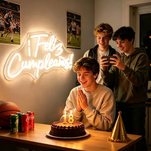 Vista 5 de Cartel de neón LED de Feliz Cumpleaños, más grande para decoración de pared con modulador de luz de cadena USB, reutilizable, letrero LED