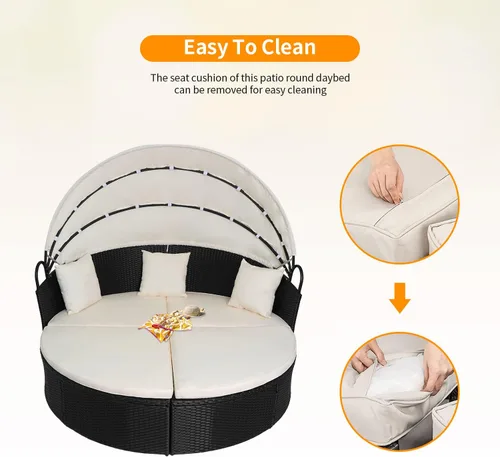 Vista 3 de Sofá cama redondo de mimbre para exteriores, muebles de patio con toldo retráctil, sofá seccional de ratán separado, color caqui, lavable, acolchado