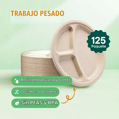 Vista 2 de Platos de papel desechables 100% compostables, 3 compartimentos, [125 unidades] - {Sin PFAS} - {Certificado BPA} - [10 pulgadas] Bandejas