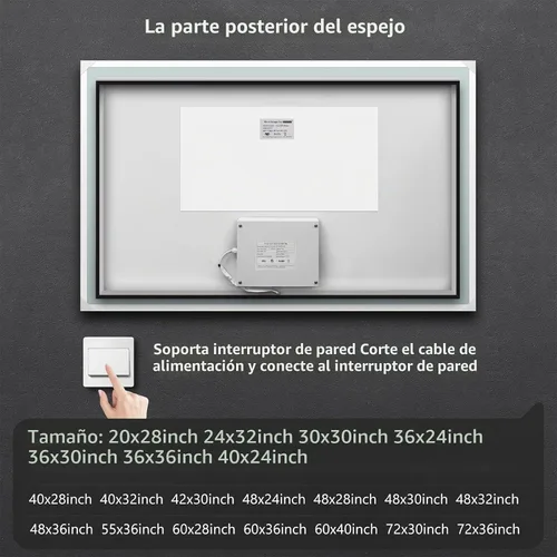 Vista 5 de ROOMTEC Espejo de baño LED de 36 x 24 pulgadas con parte delantera y retroiluminada, antiniebla, 3 colores y luz regulable (horizontal/vertical)