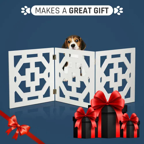 Vista 8 de Puerta independiente para perros, valla de madera decorativa expandible para perros pequeños a medianos, barrera para escaleras, puertas y pasillos