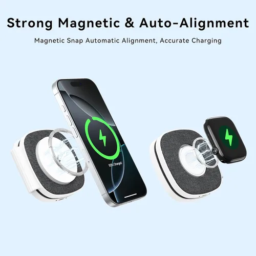 Vista 7 de Cargador inalámbrico plegable 2 en 1 Mag-Safe para iPhone 16 15 14 13 12 Series, Apple Watch Series/Ultra/SE, Airpods/Pro, cargador Magsafe portátil
