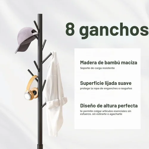 Vista 3 de kiplant Perchero negro de madera de bambú independiente con 8 ganchos, organizador de pasillo y sombrero de entrada para dormitorio, oficina, ropa