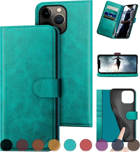 Vista 12 de DuckSky Funda tipo cartera de piel auténtica para iPhone 13 Pro de 6.1 pulgadas. Bloqueo RFID. 4 tarjeteros de crédito. Cuero auténtico. Funda Negro
