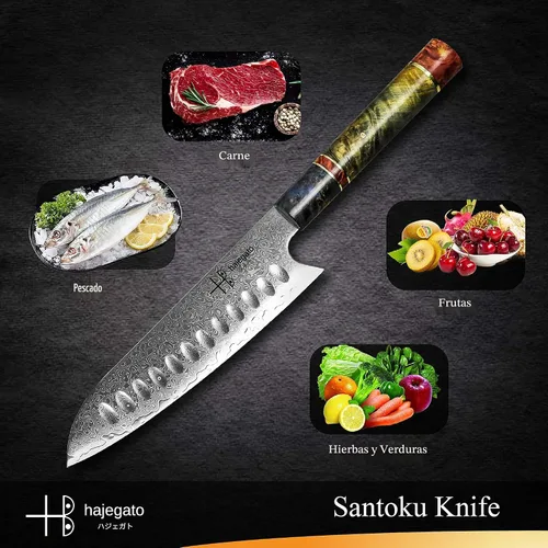 Vista 6 de Cuchillo de chef de Damasco Santoku único, de una pieza, mango profesional, cuchillo de cocina japonés de 7 pulgadas, VG10 de 67 capas de acero