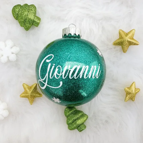 Vista 5 de Adorno de Navidad personalizado, bola de purpurina con nombre personalizado, plástico inastillable, tamaños, incluye caja de regalo, decoración