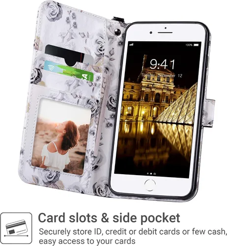 Vista 2 de ULAK - Funda tipo cartera para iPhone 8 Plus/iPhone 7 Plus, color negro Funda de piel sintética prémium con tarjetero [bloqueo RFID], función