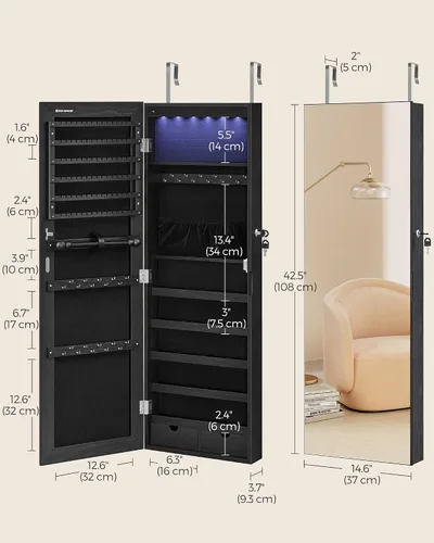 Vista 5 de SONGMICS Gabinete colgante de joyería, gabinete montado en la pared con luces interiores LED, organizador de joyas montado en la puerta, espejo