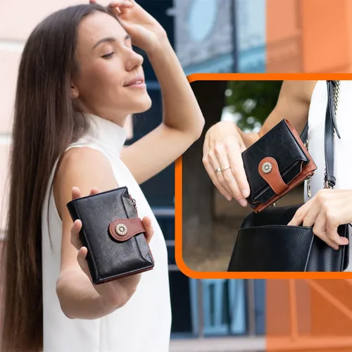 Vista 6 de Cartera pequeña para mujer, con bloqueo RFID, de piel suave, plegable, compacta, tarjetero para mujer, con bolsillo con cremallera, color negro