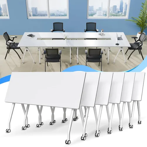 Vista 39 de Mesa de conferencias plegable con ruedas, mesa modular para sala de conferencias con 2 ojales para cables, mesas móviles de sala de reuniones