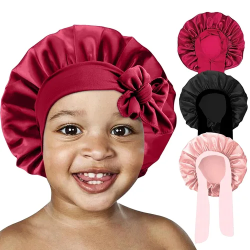 Vista 14 de 3 Piezas Gorros de Seda para Niños para Dormir - Gorro de Satén para Bebé para Dormir, Gorros de Cabello para Niños para Cabello Rizado Niñas Niños