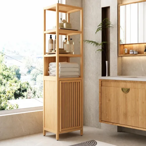 Vista 11 de Gabinete de almacenamiento de baño de bambú de 52 pulgadas de alto Natural