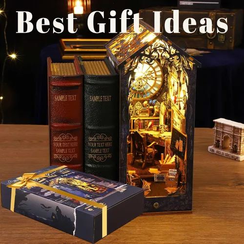 Vista 8 de Flever Kit en miniatura para rincón de libros para casa de muñecas, decoración de estantería de libros, kit en miniatura de madera 3D