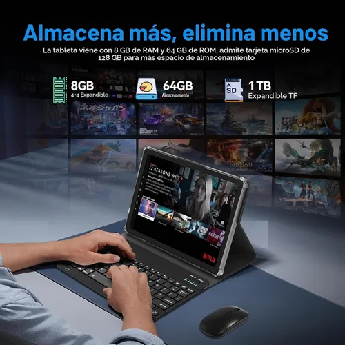 Vista 4 de Tableta Android de 10.1 pulgadas, procesador Octa-Core 2026 con almacenamiento de 64 GB, tableta WiFi 6, cámara dual de 13 MP+5MP, tableta 2 en 1