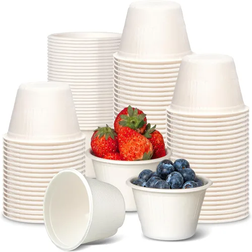 Vista 10 de Fit Meal Prep [Paquete de 100] Vasos desechables compostables para condimentos y muestras de 2 onzas, tazas biodegradables de fibra de bagazo