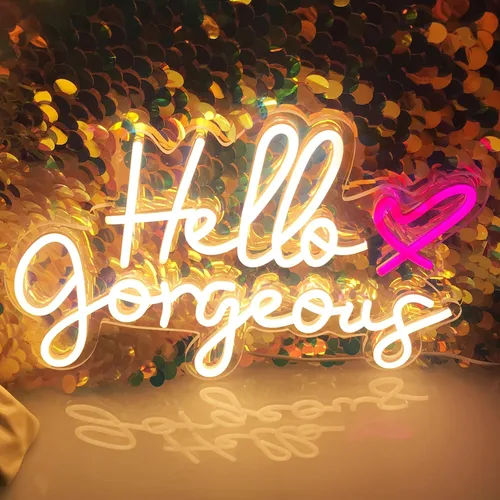 Vista 13 de Letrero de neón con texto en inglés "Hello Gorgeous Neon", luces LED de neón rosadas para el hogar, boda, cumpleaños, telón de fondo, fiesta