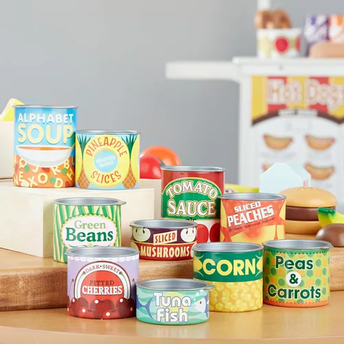 Vista 8 de Melissa & Doug, ¡Juguemos a la casa! Accesorios de cocina, Latas de comida, 10 latas apilables con tapas extraíbles Latas de comestibles