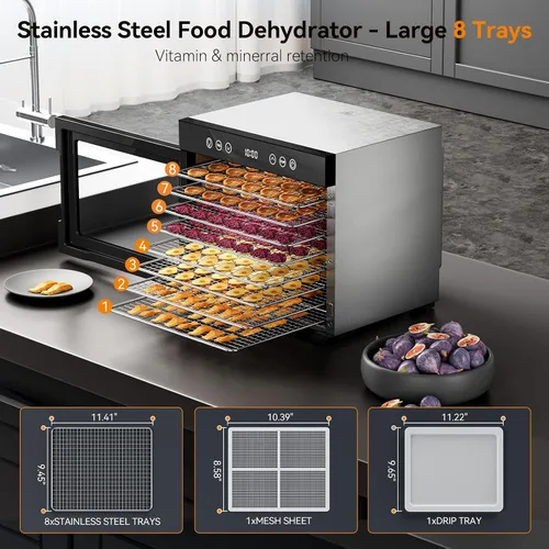 Vista 10 de PSIIDAN Food Dehydrator Machine 8 Trays Stainless Steel 650W Faster Dryer