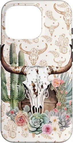 Vista 20 de Western Boho Chic Longhorn Bull Skull Cactus Beige Pattern Case for iPhone 17