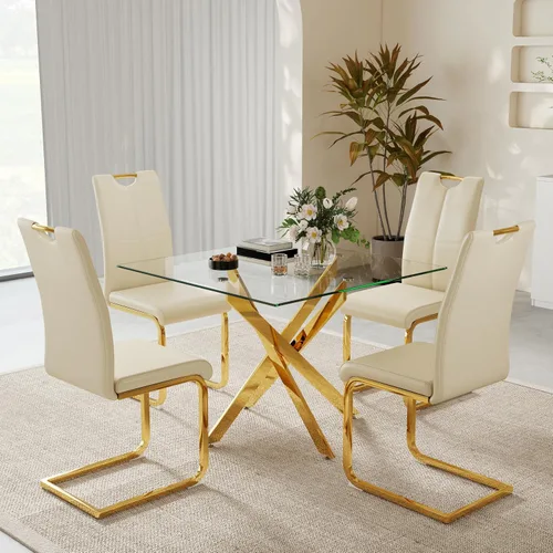 Vista 13 de 36-Inch Square Glass Dining Table Set with 4 Faux Leather High-Back Chairs - Modern Metal Cross-Leg Table with Comfortable C-Leg Seats for Modern