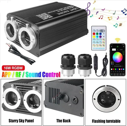 Vista 4 de Kit de luz de doble puerto 32W Twinkle Meteor 2 en 1 Starlight Headliner con 1200 piezas de cable de fibra óptica de 9.8 pies RGBW fuente de luz