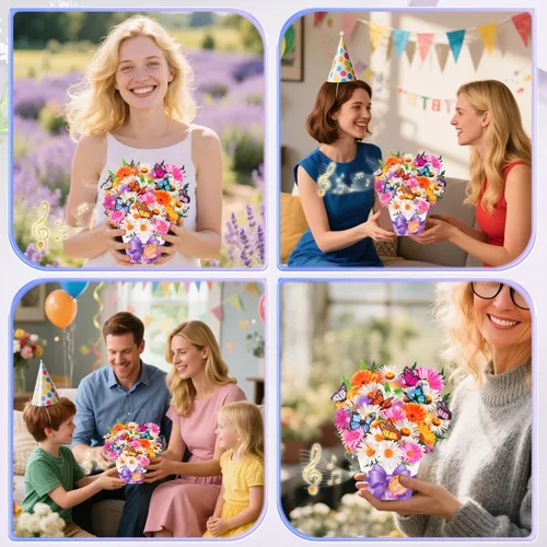 Vista 5 de APOTODITO Mini tarjetas de cumpleaños, tarjeta de regalo de cumpleaños con música y luz, ramo de flores tarjeta 3D con mariposas para mamá, mujer