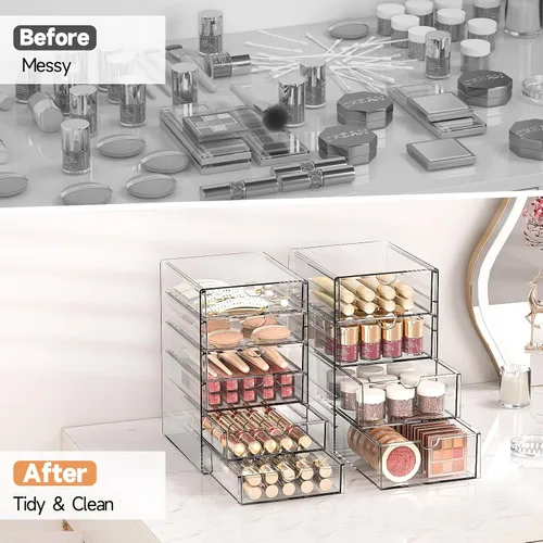 Vista 4 de Organizador de almacenamiento para cajones de maquillaje con 20 cajones, set de 4 organizadores acrílicos para escritorio de oficina
