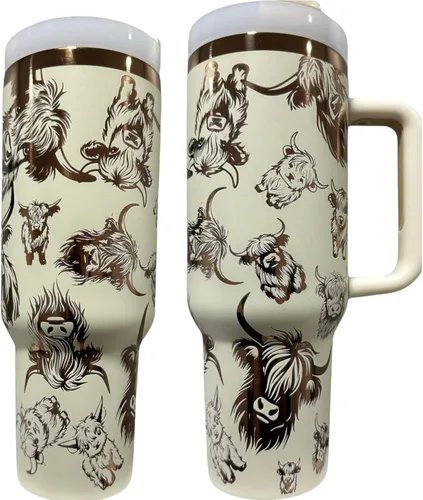 Vista 3 de Botella de agua de acero inoxidable de 40 oz taza Longhorn Bottle Bull Tumbler Cow Gift Western Water Bottle Cup (24oz Cream(90)-Longhorn (D35))