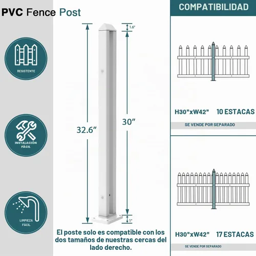 Vista 2 de ECOOPTS 76 cm de altura Valla de PVC blanco poste de piquete de vinilo para valla de piquete