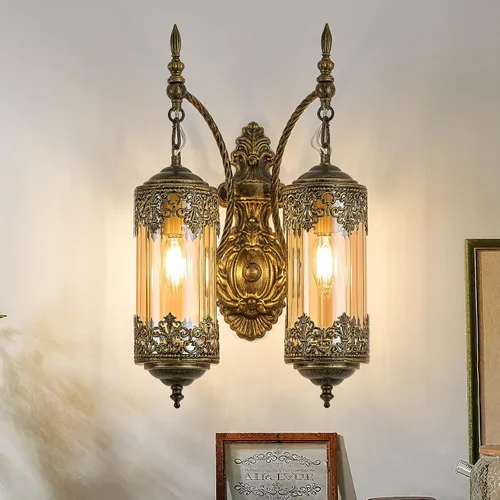 Vista 15 de Aplique de pared gótico, linterna dorada antigua, lámpara de pared retro cableada para dormitorio, sala de estar, pasillo, marroquí, montaje