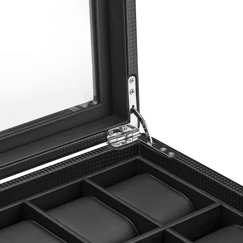 Vista 6 de Glenor Co Caja de reloj para hombre Organizador plano de lujo de 24 ranuras diseño de fibra de carbono para relojes de joyería para hombre soporte