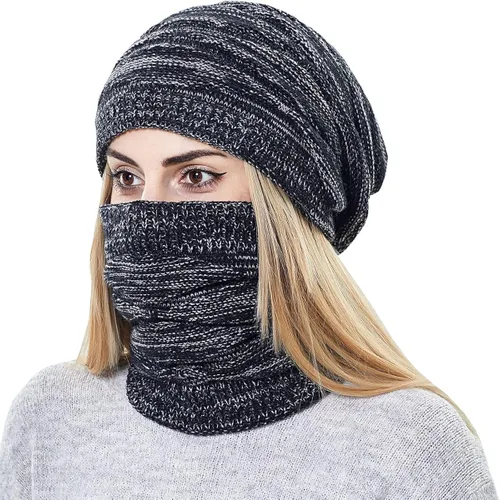 Vista 4 de Conjunto de gorro y bufanda para mujer de punto cálido gorro de esquí de invierno con forro polar