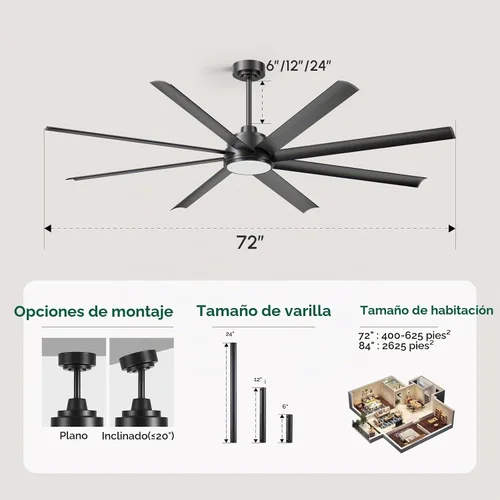 Vista 8 de 72 Inch Outdoor Ceiling Fan with Light, Modern Black Smart Ceiling Fan with Alexa/App/Remote Control, 8 Anti-Rust Aluminum Blades, High 9799 CFM
