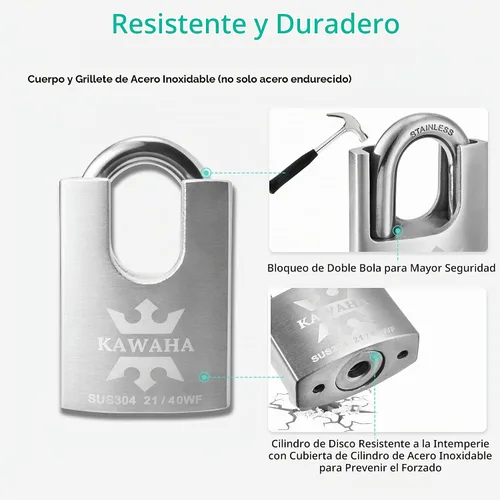 Vista 2 de 21/40-2PS Candado con Funda de Acero Inoxidable de Alta Seguridad con Llave de Acero Inoxidable para Uso en Interior y Exterior